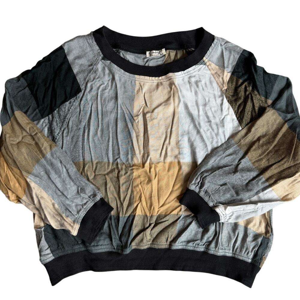 Free People Intimately Black/Yellow Checkered, Crew Neck, Sweater Shirt- M